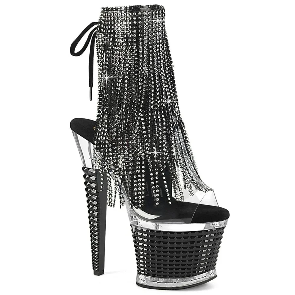 Platform Rhinestone Fringe Lace Up Ankle Boots - Picture 1 of 4